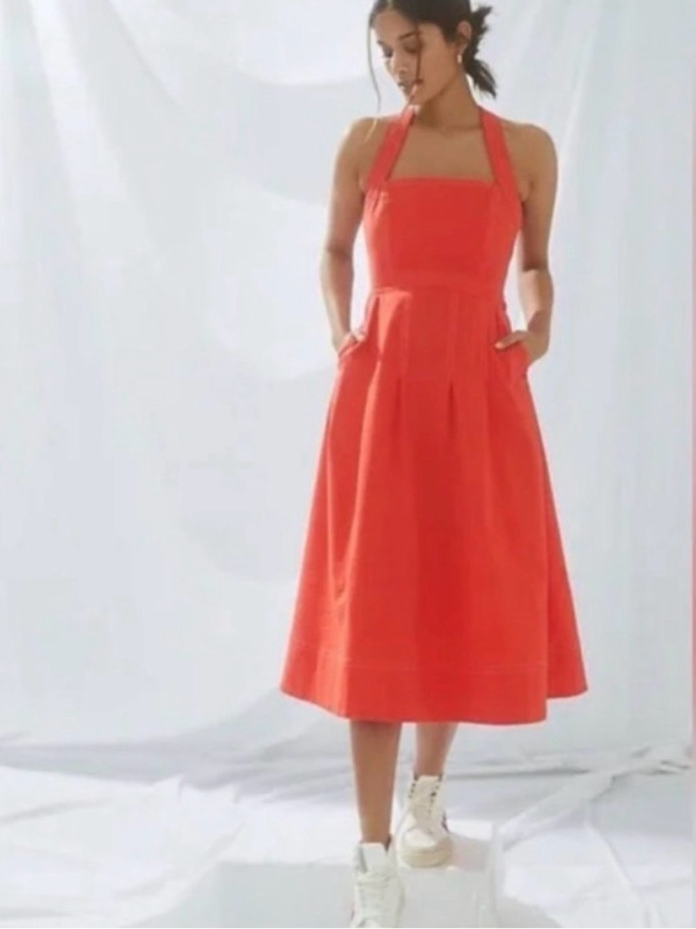 Maeve Anthropologie Alessandra Coral Halter Midi Dress Cross Back Straps Pockets